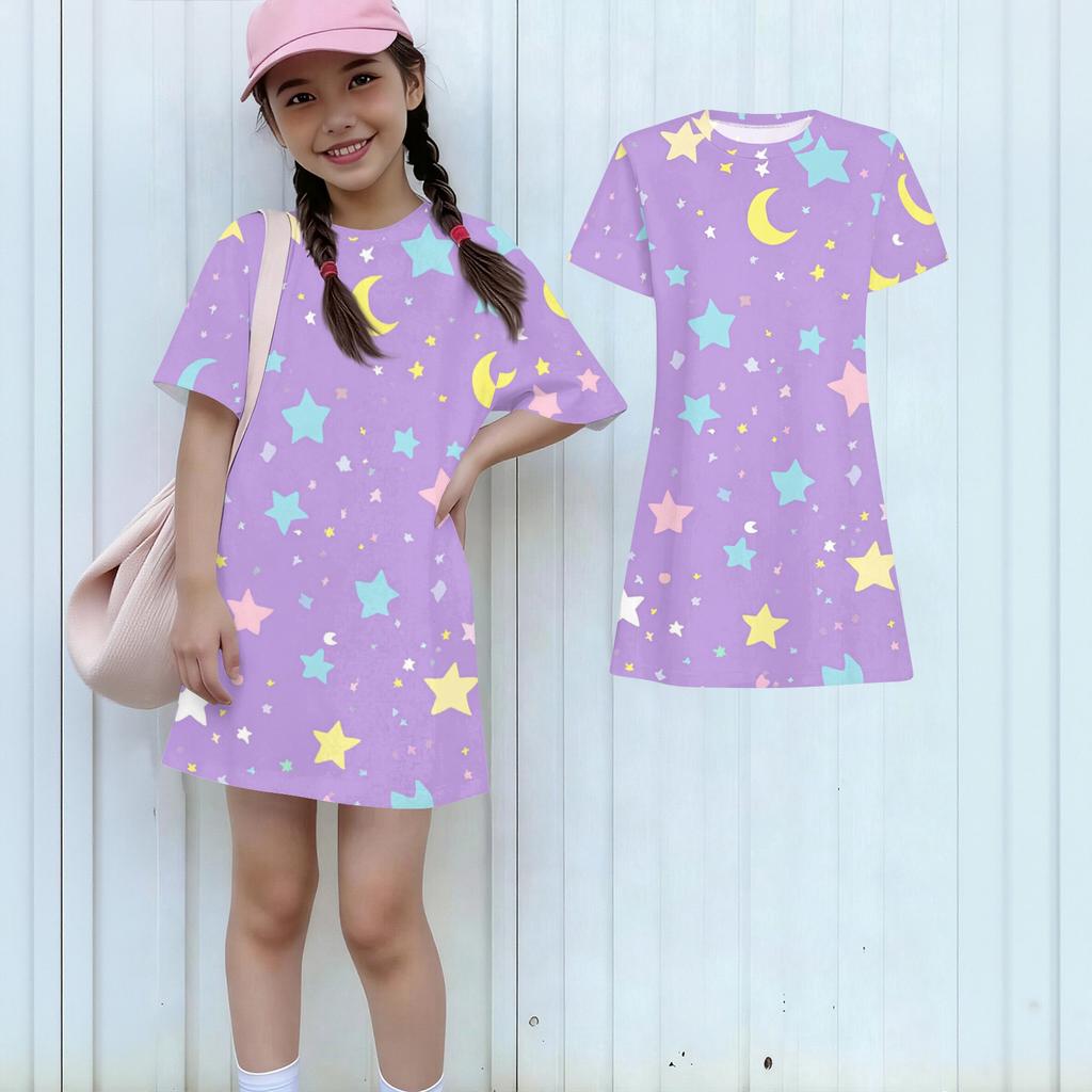Girls Print Casual Dress Kids Loose Round Neck Short Sleeve Thin Sundress