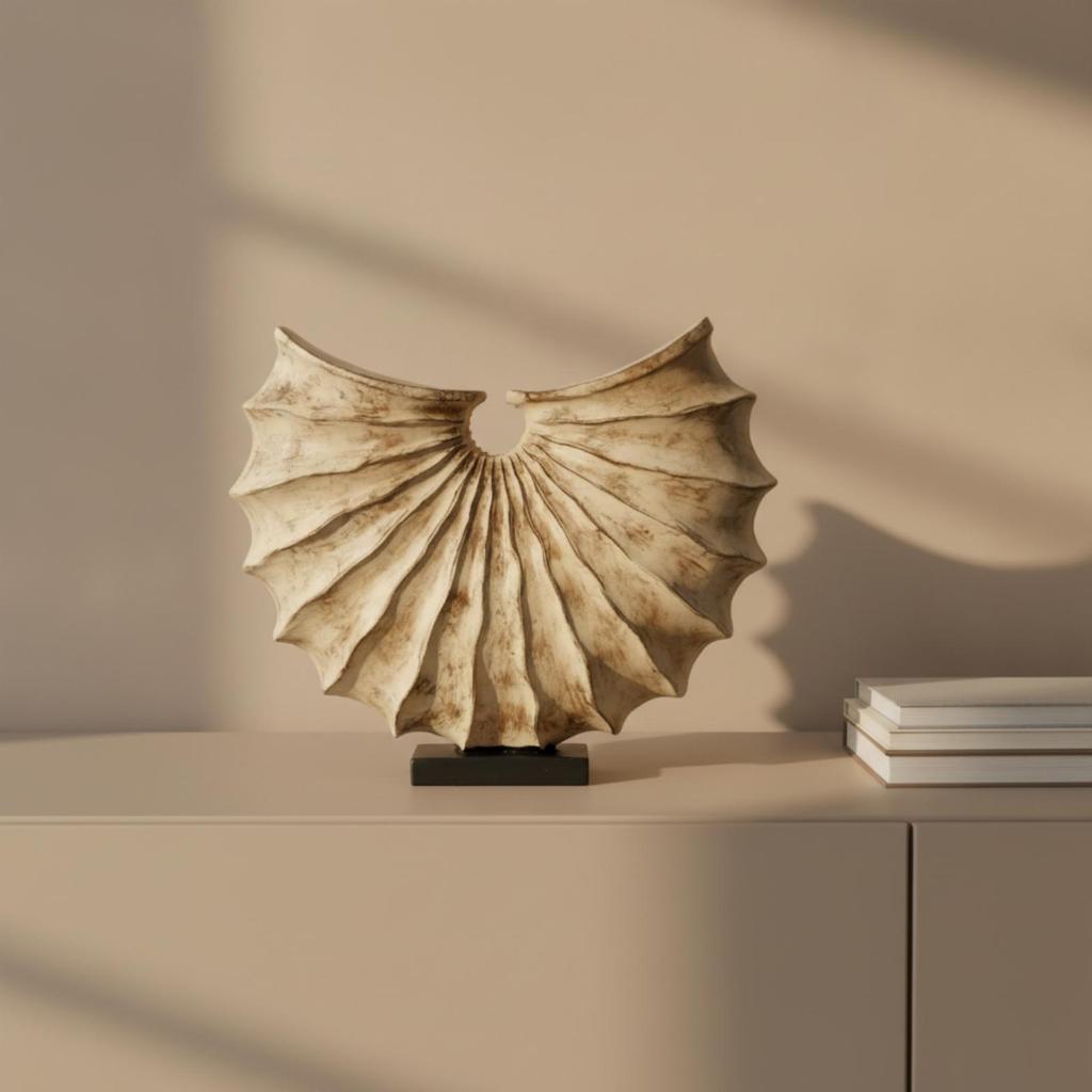 Modern Tabletop Decor | Textured Fluted Surface, Shell Sculpture with Base, Abstract Sculpture, for