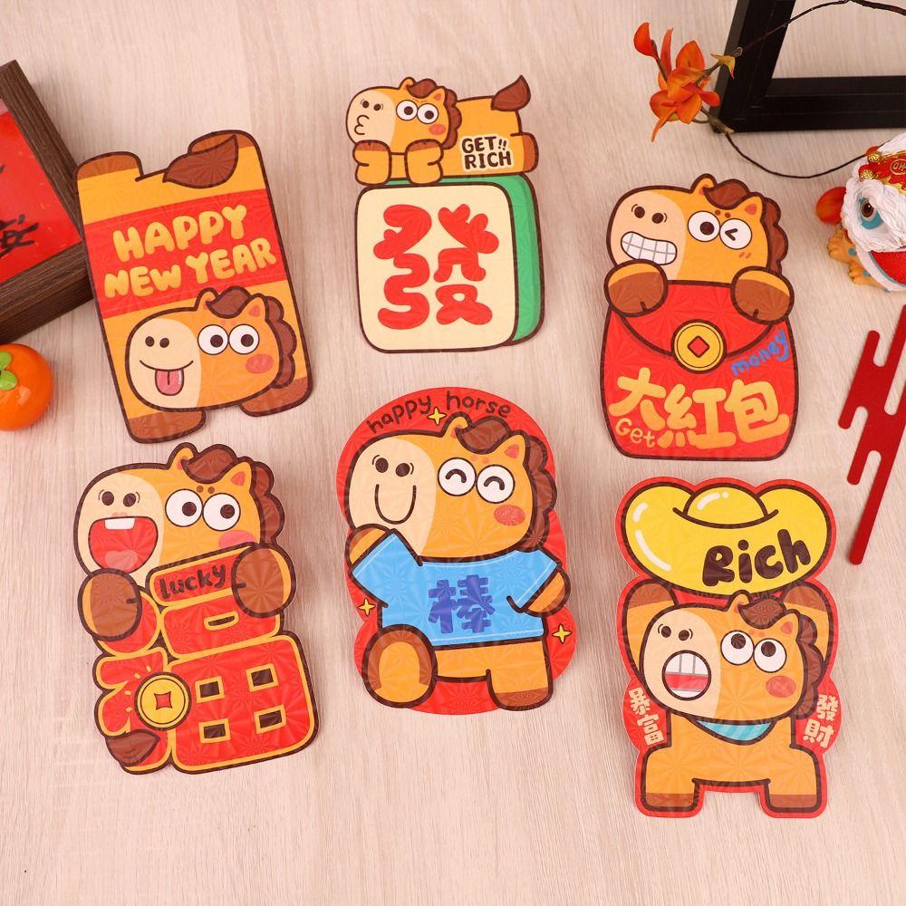 6Pcs/Set Cartoon 2026 Horse Year Red Envelope Retro Paper Chinese New Year Red Envelope Blessings Printing The Year of The Horse