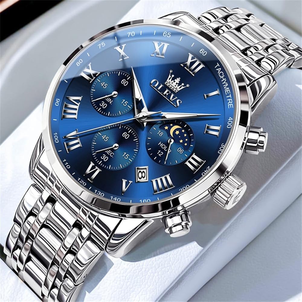 OLEVS Multifunction Men's Watch Stainless Steel Classic Quartz Analog Waterproof Date Luminous Fashion Timepiece