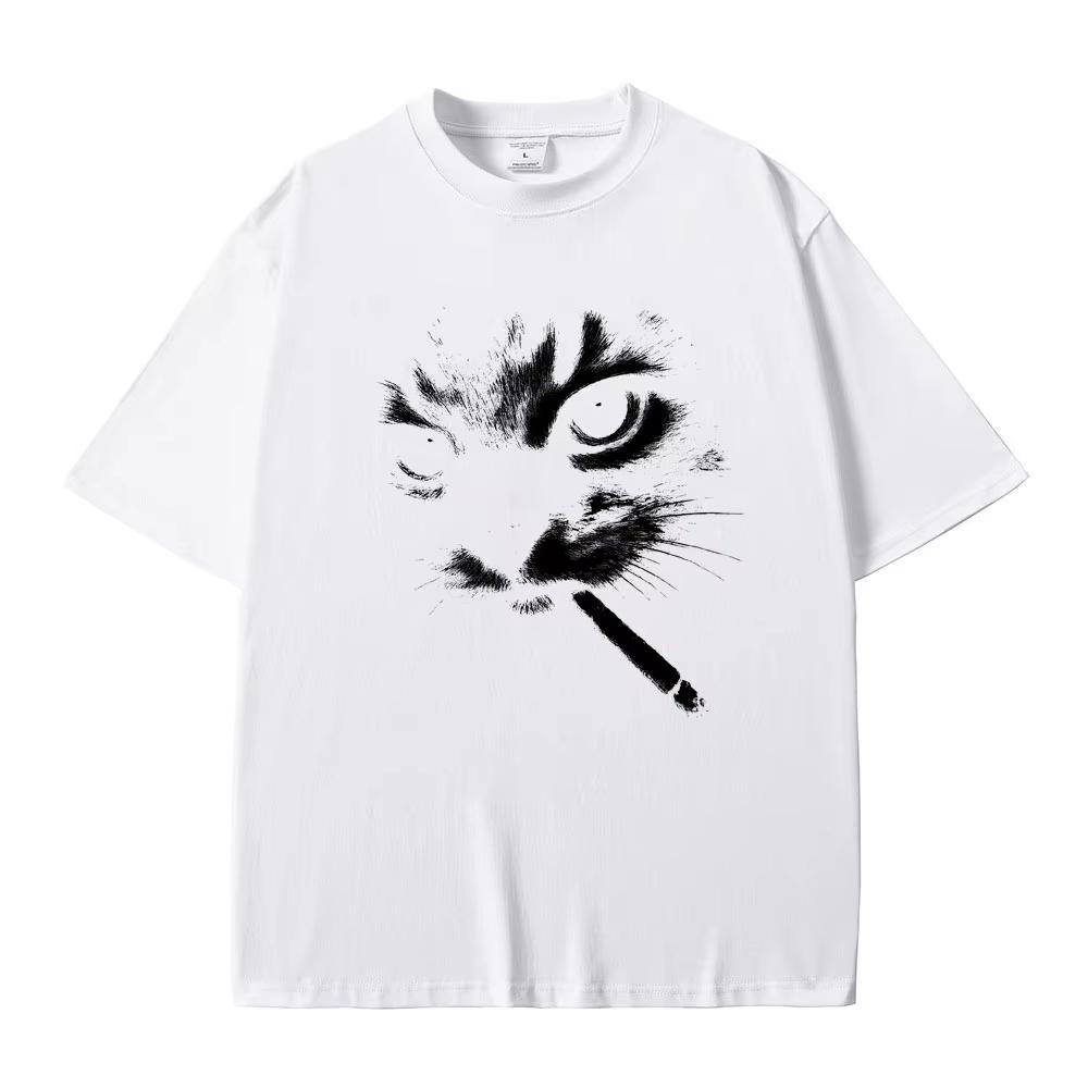 2026 New Funny Meme Smoking Cat Face Graphic Tshirts Unisex Women Casual Cotton Vintage T Shirts Unisexs Tshirts Cats Lovers Gifts