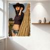 Sexy Woman Vintage Western Countryside Tin Sign Grassy Field Cowboy Hat Denim Shorts Metal Poster for Bar Home Cafe Wall Decor