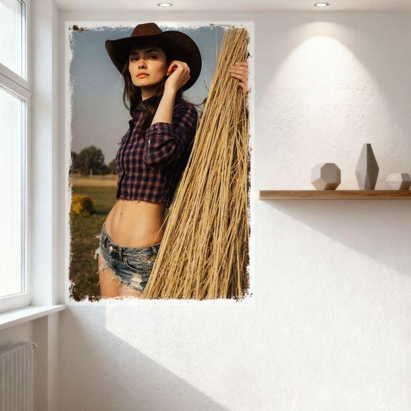 Sexy Woman Vintage Western Countryside Tin Sign Grassy Field Cowboy Hat Denim Shorts Metal Poster for Bar Home Cafe Wall Decor