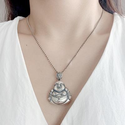 Personlighet Sølv 925 Kjede Halskjede For Kvinner Smykker Retro Maitreya Buddha Anheng Kvinnelig Amulett Big Belly Buddha Halskjede