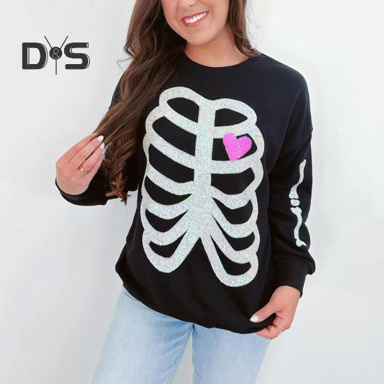 Women Sweatshirt Skeleton Pattern Round Neck Sequin Decor Long Sleeves Loose Elastic Cuffs Pullover Sport Daily Wear Fall Spring Top