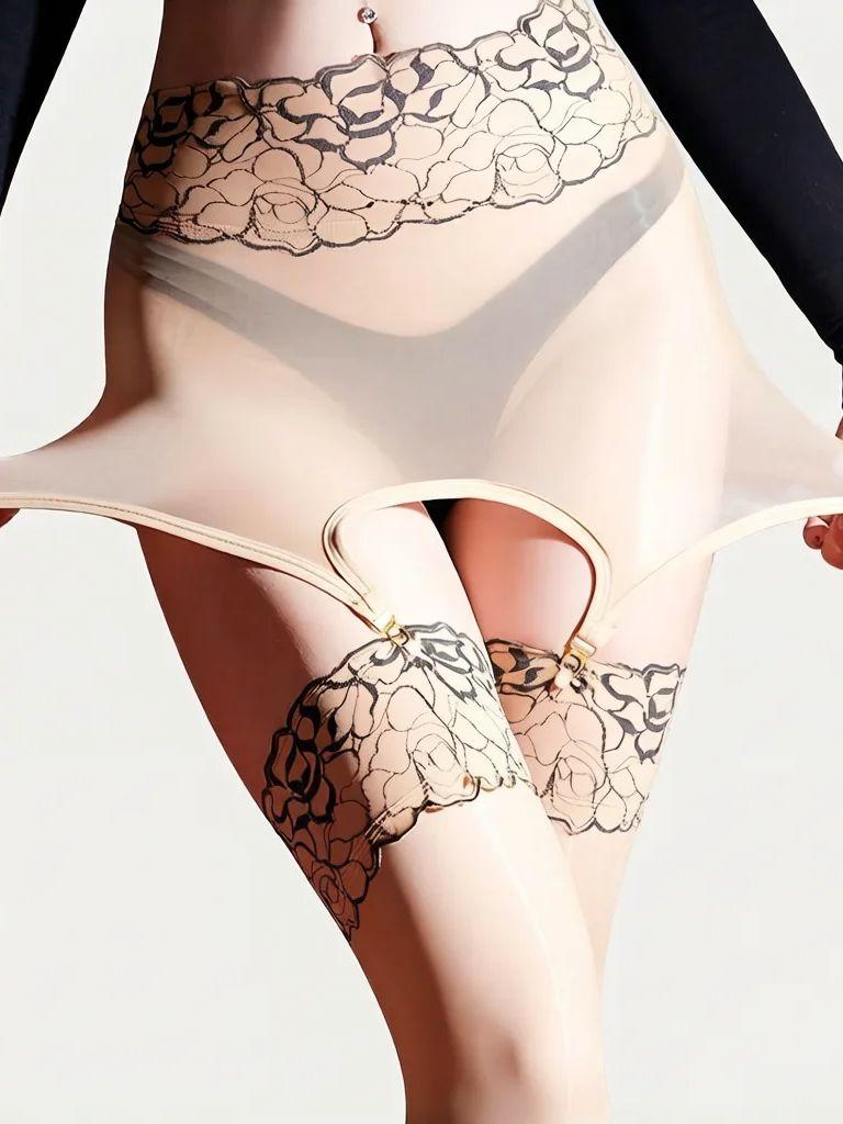Lace Waist Skirts With Stocking Women'S Detachable Garters Oil Shiny Glossy Sheer See Through  Stocking Tights 2 In 1 Pantyhoses