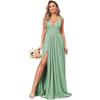 Evening dress   summer new deep V-neck split fork long chiffon bridesmaid pleated formal ball dress