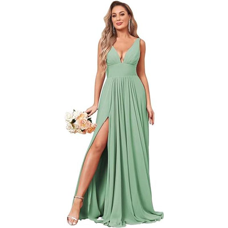 Evening dress summer new deep V-neck split fork long chiffon bridesmaid pleated formal ball dress