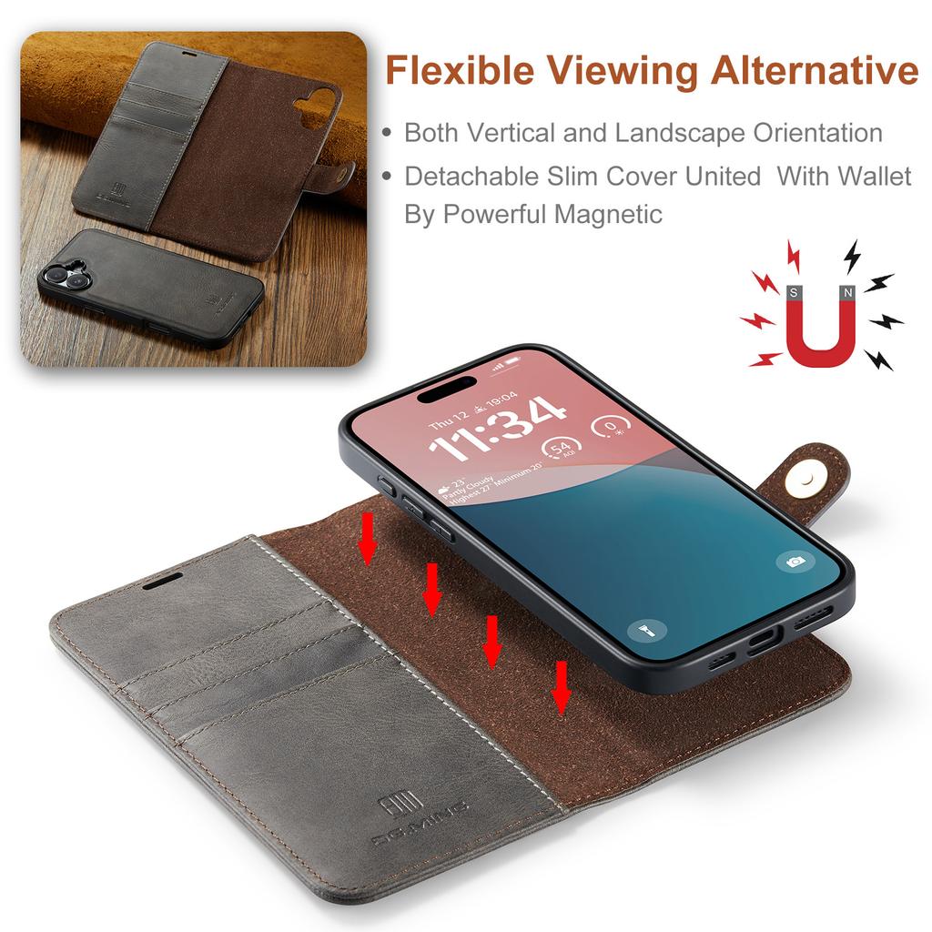 DG.MING for iPhone 16 Case Detachable Split Leather Phone Cover