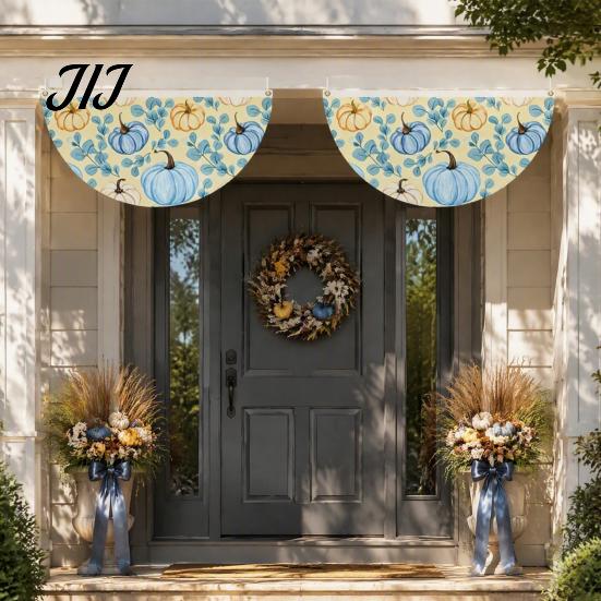 Blue White Pumpkin Decor Fall Bunting Fan Flag for Outside, 1.5 X 3ft Turkey Maple Festive Porch Accents Leaf Pattern Hanging Banner, Thanksgiving