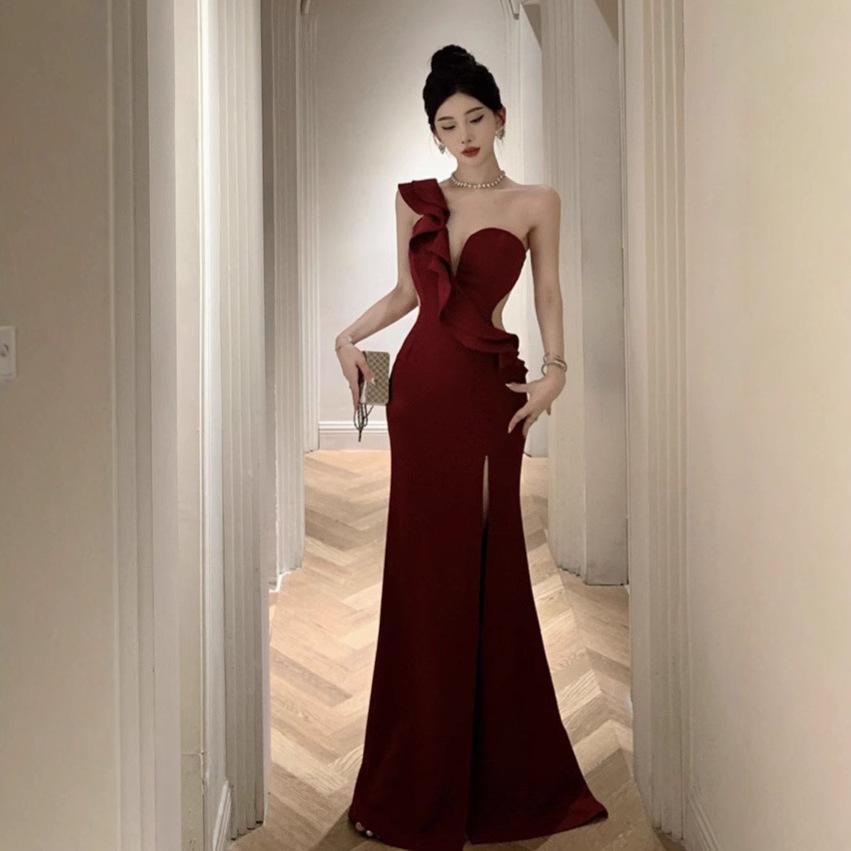 Premium Sensual Sexy Ruffle Evening Dress Elegant Atmosphere Single Shoulder Banquet Host Car Model Split Skirt