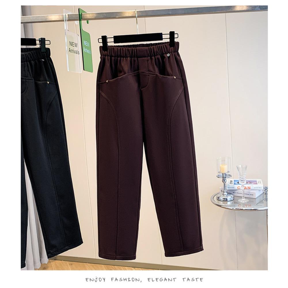 

DIMANAF 2025 Autumn Winter Plus Size Women Pants Casual Lady Long Pants Oversized Loose Bottoms Thick Flocking 5XL коричневий