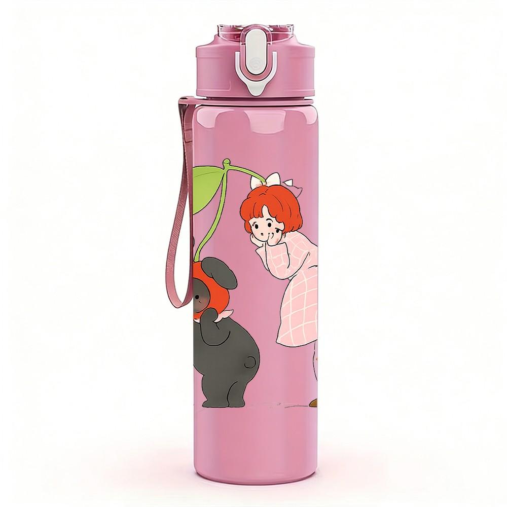 1PC Girl Bird Retro Cute Cartoon Print 750ml Color Plastic Sports Water Bottle Leakproof Flip Straw Lid Suitable for Sports Office Home Use