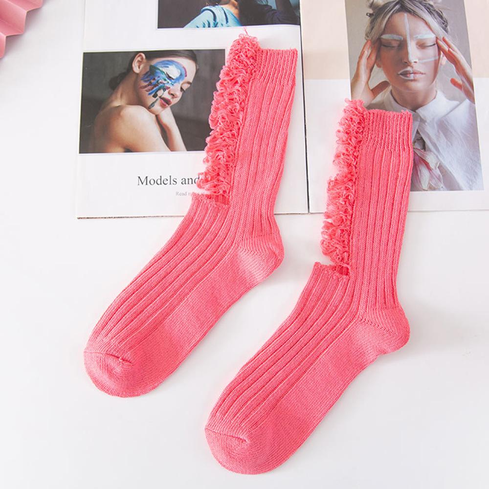 Distressed Solid Color Cotton Knit Gothic Hem Ribbed Beggar Socks Ripped Socks Summer Stockings