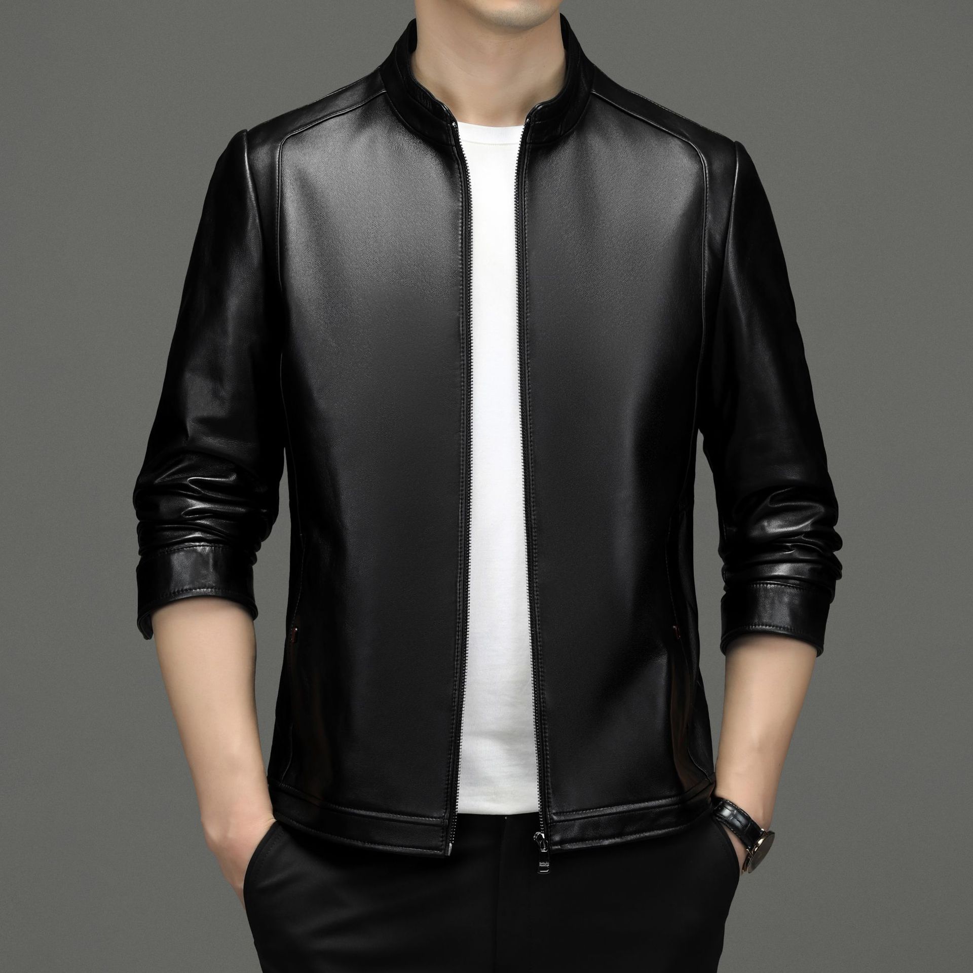 

Новая осенняя куртка из натуральной овчины, мужская кожаная куртка среднего возраста, универсальная повседневная куртка, верхняя часть 4XL