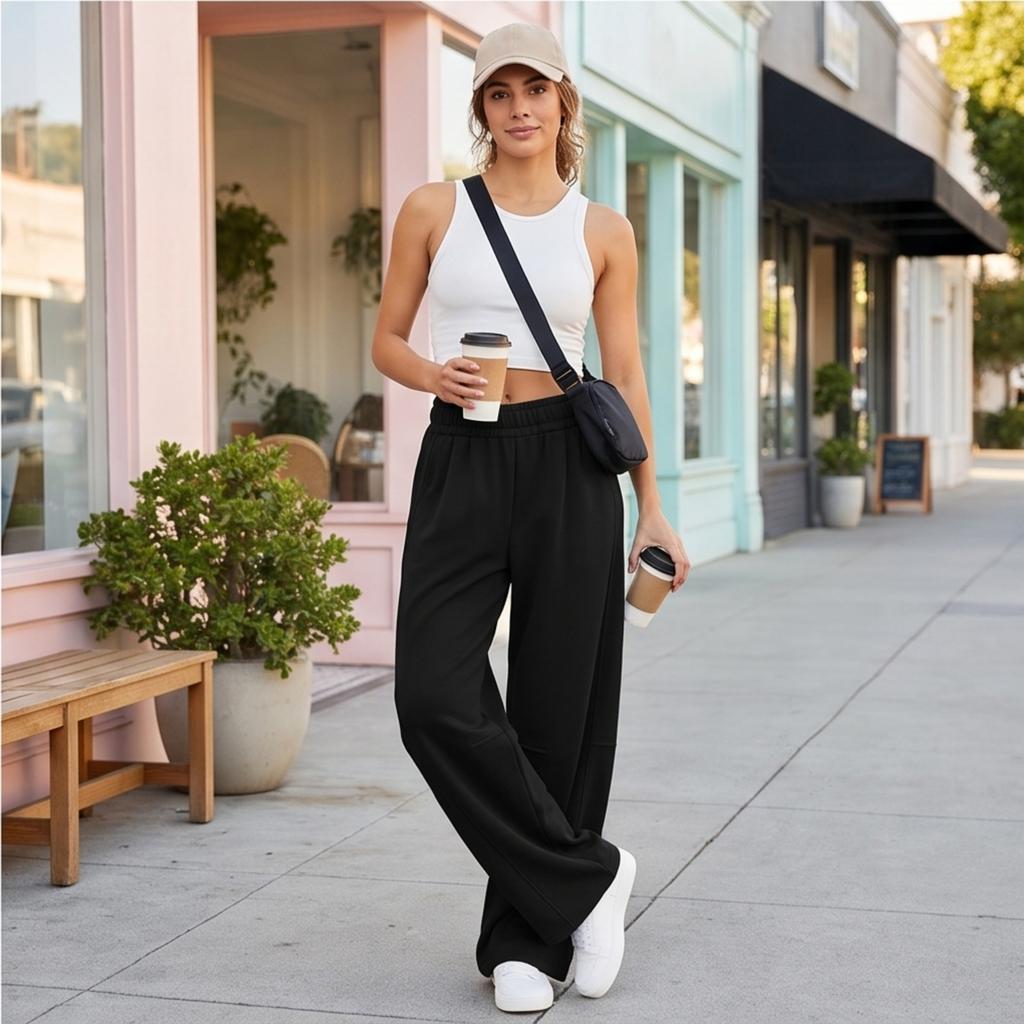 Women's Casual Color Curved Wide Leg -Lined Sweatpants with Pockets