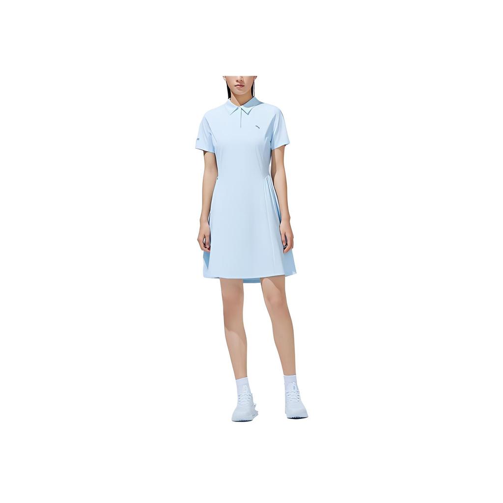 Anta Training Series Solid Color Logo Waist Short Sleeve Polo Dress Women Dresses Keling-Blue 162327206-3