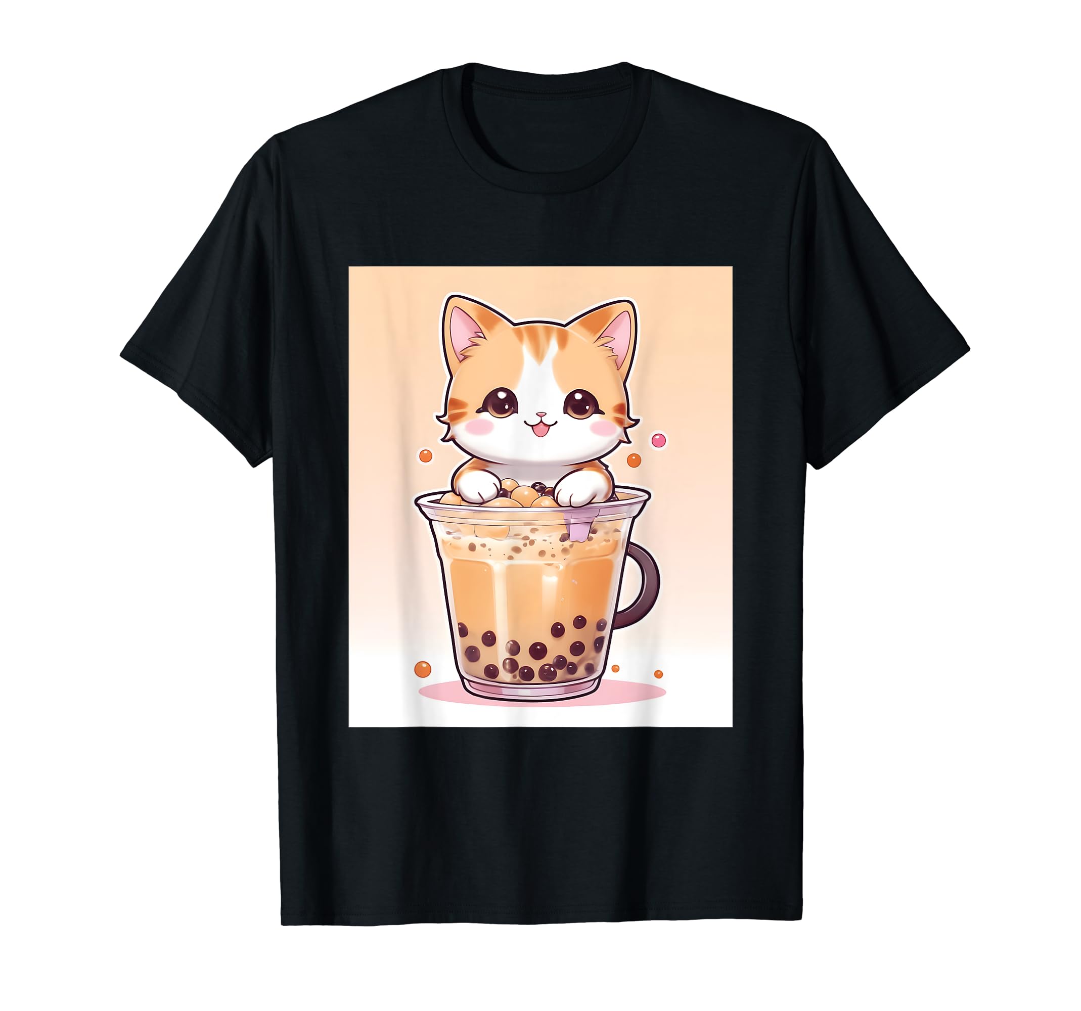 

bubble things printed Kawaii, cat, boba, tea, cute, Japanese, T-shirt чорний