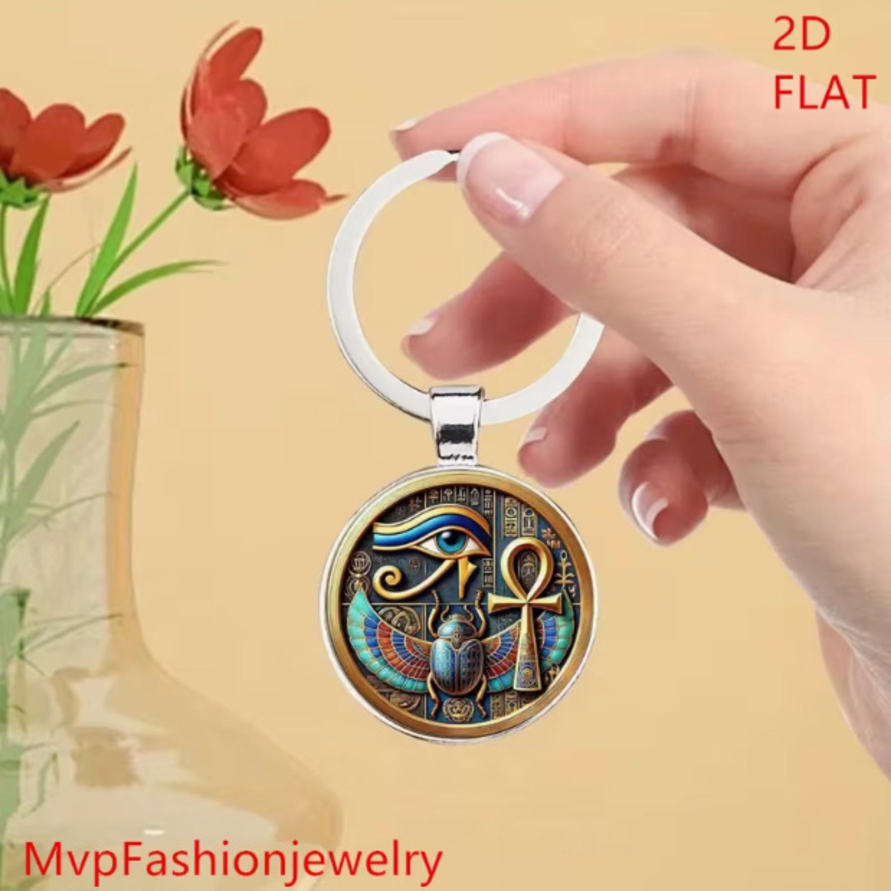 

Ancient Egyptian Inspired Metal and Glass Keychain Pendant Featuring Horus Eye and Anubis Design Durable Keyring Accessory for Everyday Use One Size