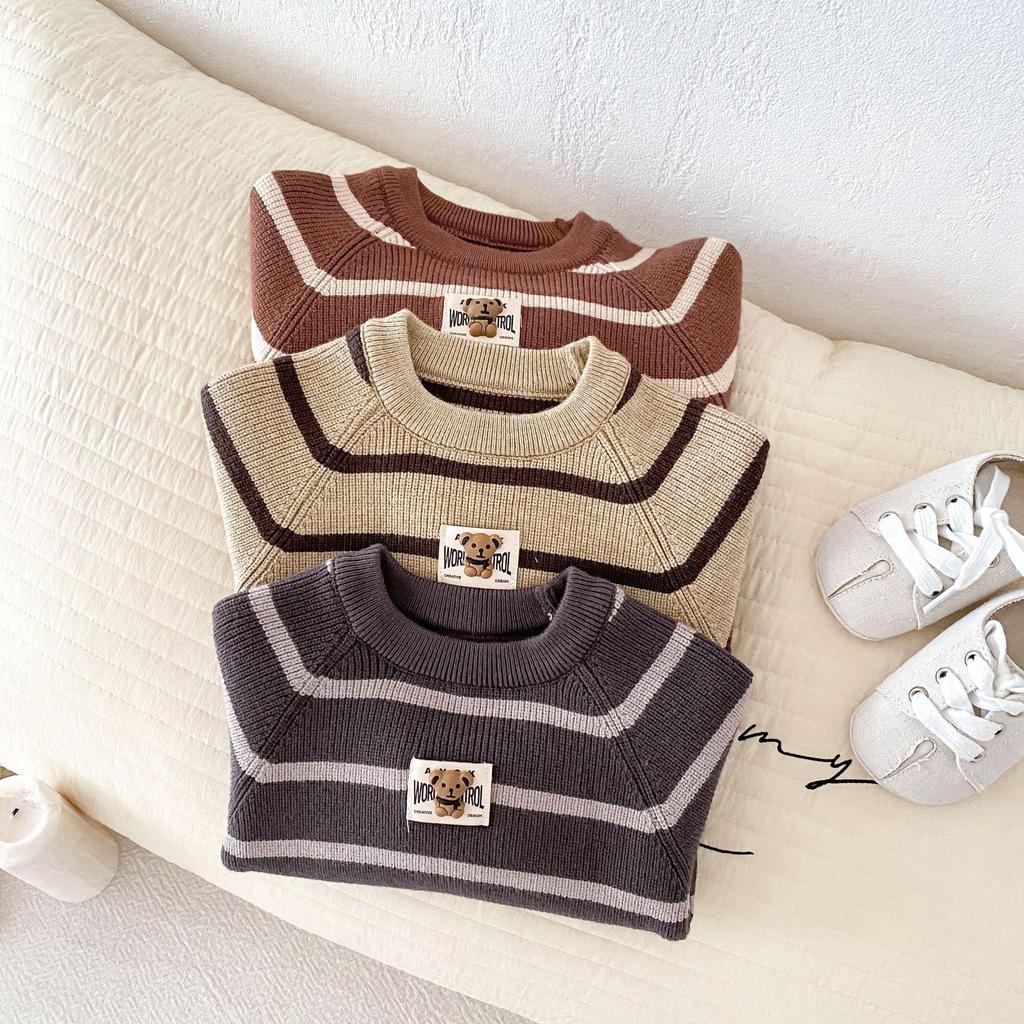 Korean Style Children's Knit Stripe Pullover and Overalls Set for Autumn/Winter
