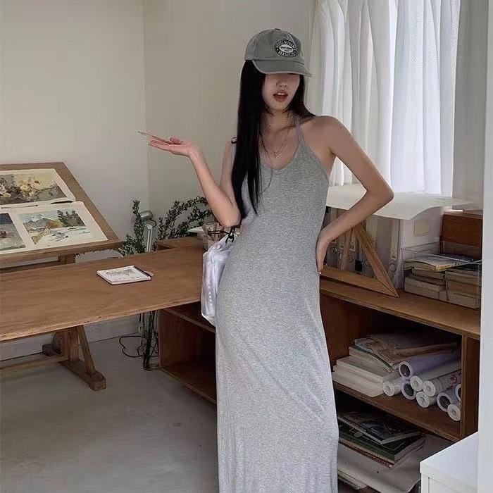 Fashion Casual Neck Dress Women's Summer New Black Design Long Dress Temperament Over the Knee First Love Suspender Skirt