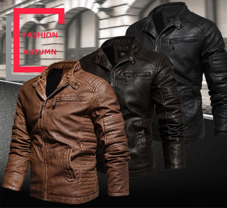 Jachetă de motociclist pentru bărbați, de iarnă, din piele PU, cu guler înalt, croială slim fit - Stil European & American