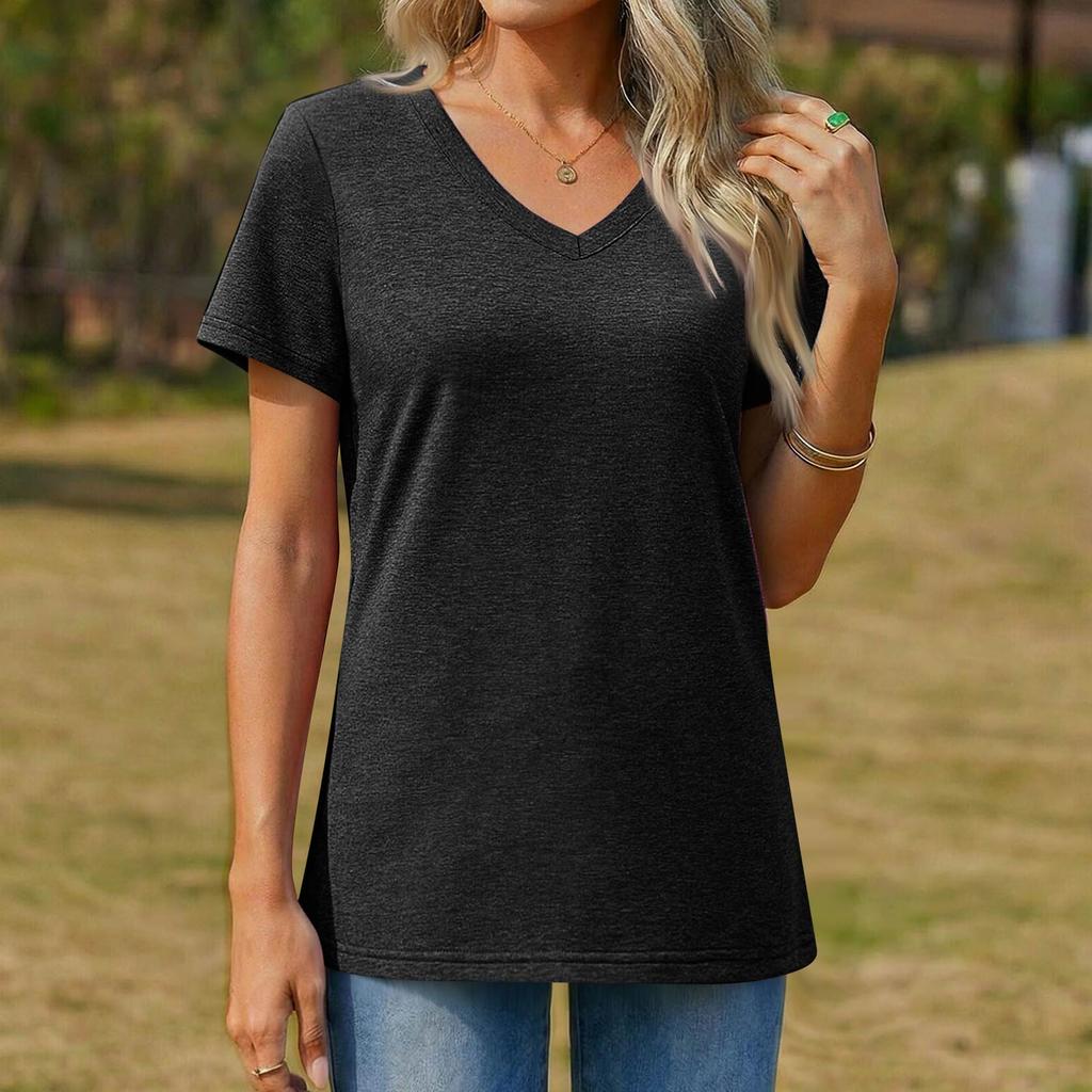 Dam T-shirt Kortärmad Sommar Toppar V-ringning Casual Bas T-shirts Vårkläder Trendigt Outfit