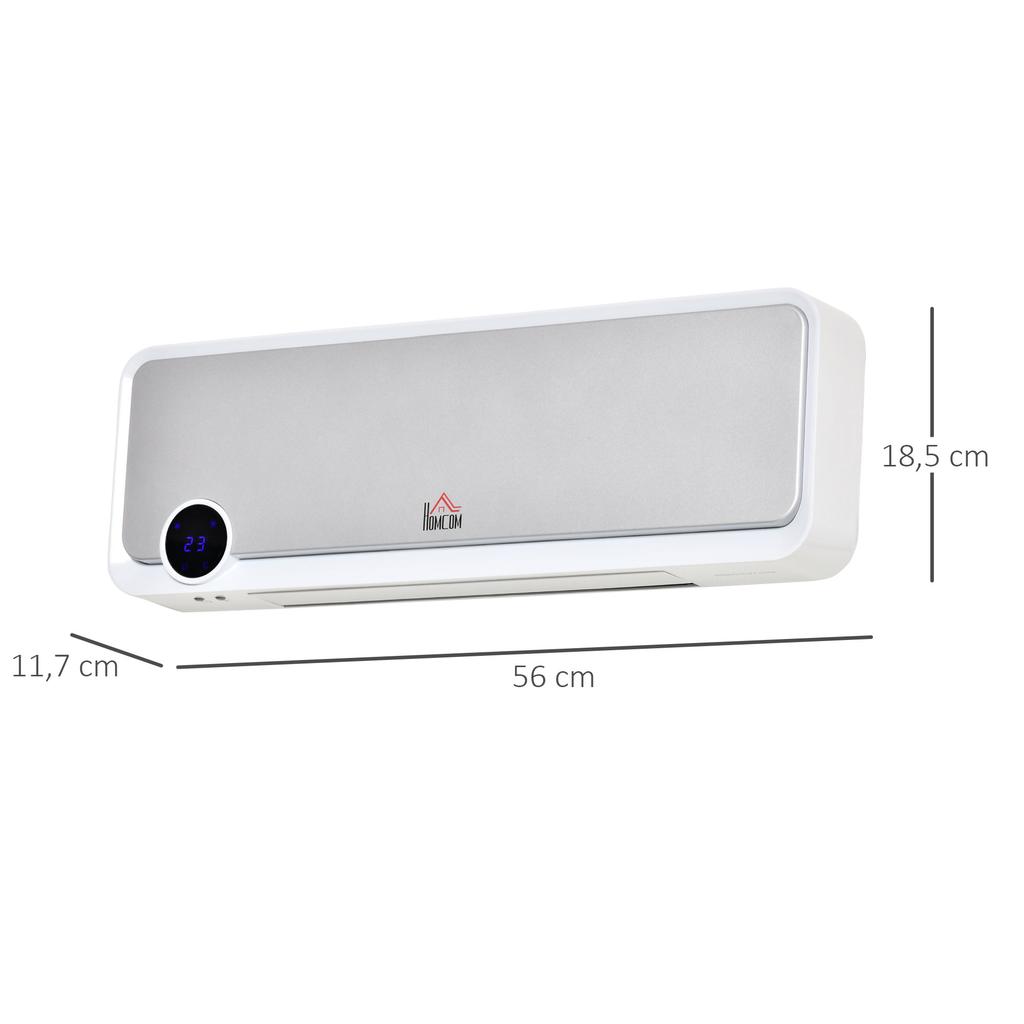 Wall-Mounted Fan Heater 2000W with Remote Control, 3 Operating Modes, LED Display 12h Timer