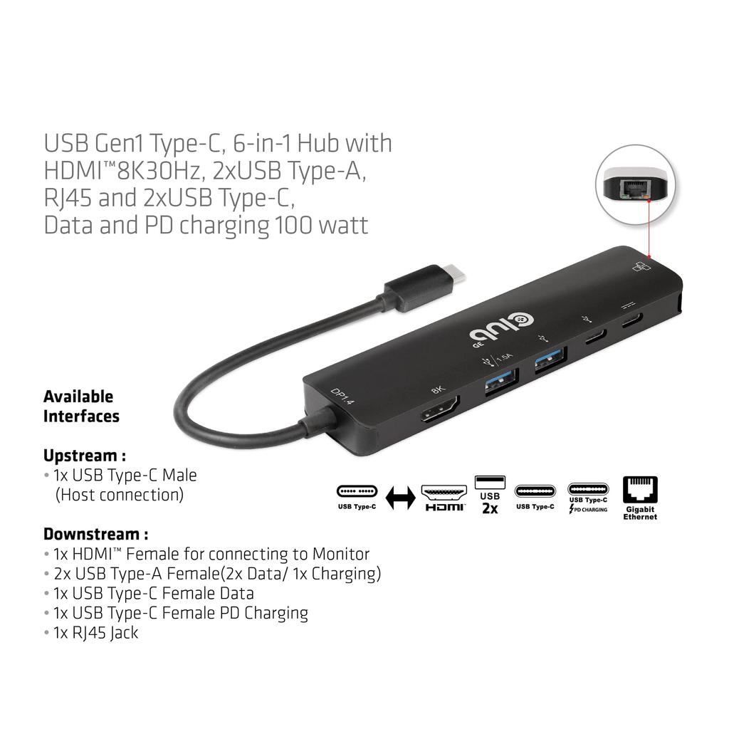 Club 3D USB Gen1 Type C Hub To HDMI 8K30Hz 4K120Hz 2x USB A RJ45 USB C 5Gbps USB C 100W 6-in-1 / / / / PD3.0 (CSV-1596)