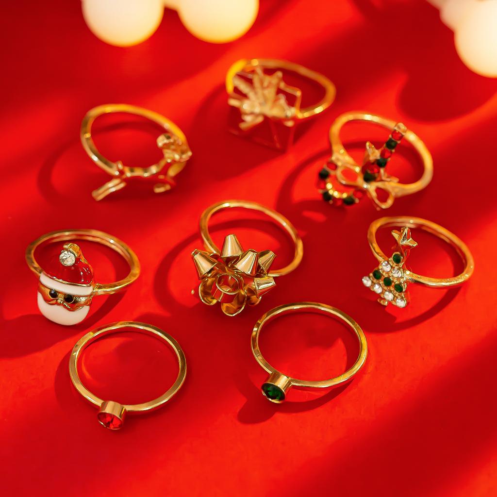SHIXIN 8pcs Cute Christmas Tree Snowman Elk Rings Set Women Creative Rhinestone Gold Color Finger Rings Jewelry Gift Accessories