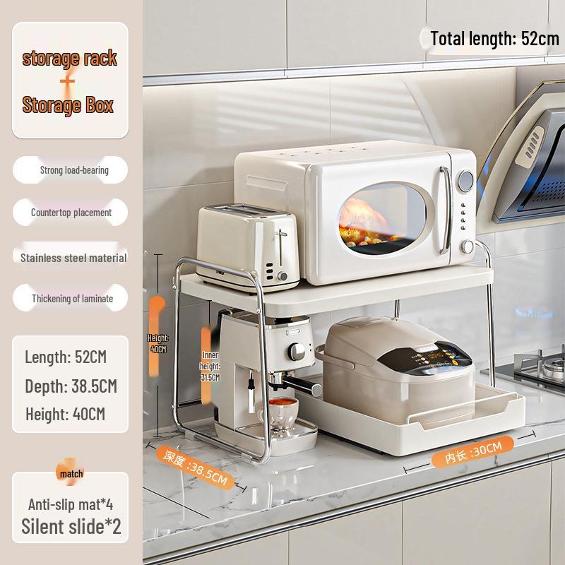 Double Layer Microwave Oven Storage Rack - Multi-functional Kitchen Countertop Shelf with Pull-out for Rice Cooker