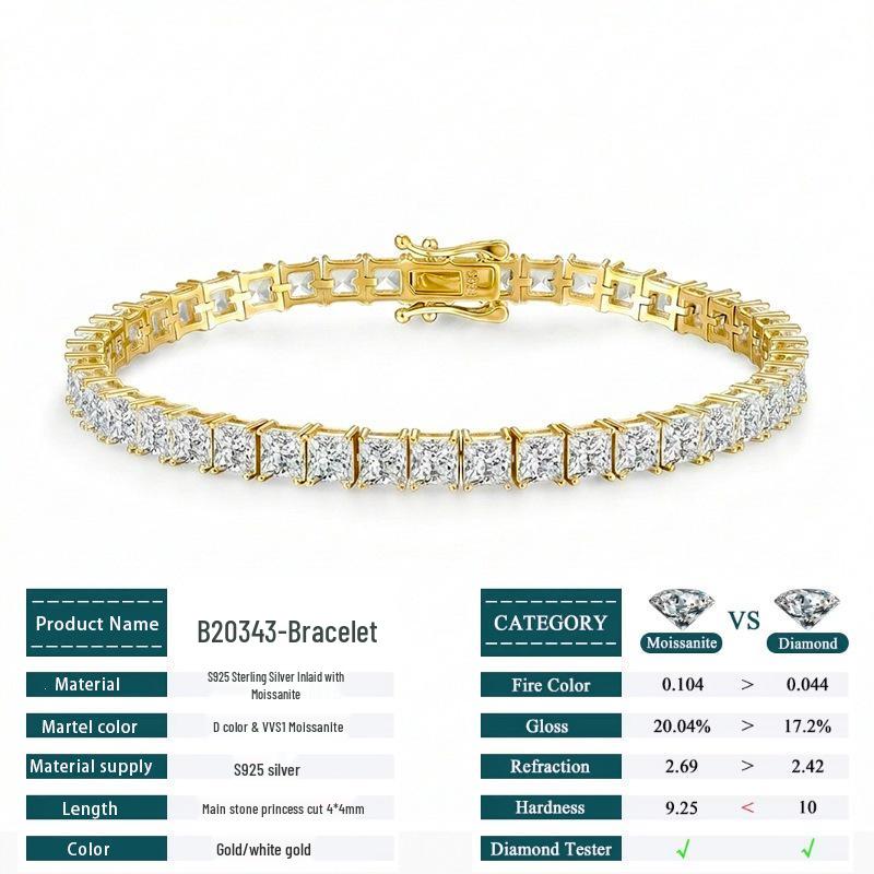 Dazzling 4mm Princess Cut Moissanite & S925 Sterling Silver Hip Hop Bracelet
