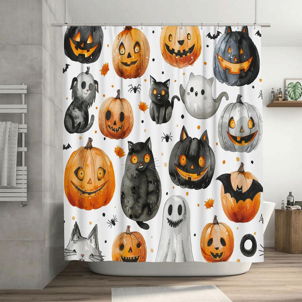Spooky Halloween Bath Shower Curtain with Pumpkins, Ghosts Cats for Home Decor Black and Orange Color Watercolor Design (Size69x