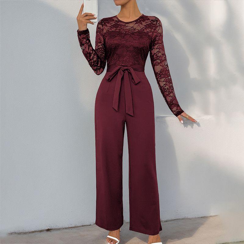 Fashion Women Jumpsuit Ladies Clothes Lace Stitching Zip-up Lace up Jumpsuit