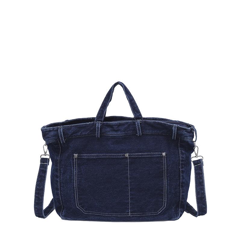 Women s Denim Tote Bag with Front Pocket and Adjustable Shoulder Strap темно-синий