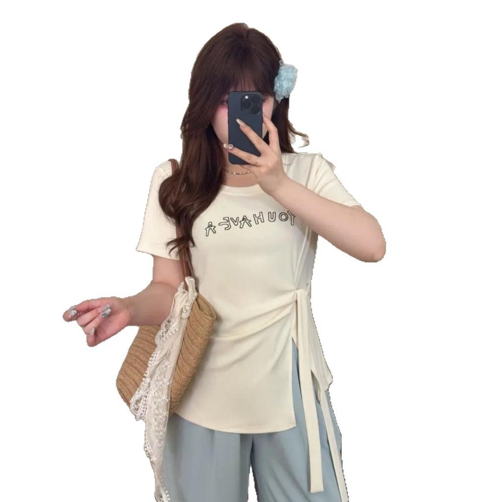 Large Size Lace-up Split-end Printing Design Short-sleeved T-shirt Women's Summer New Loose and Versatile and Thin Meat-covering T-shirt Top