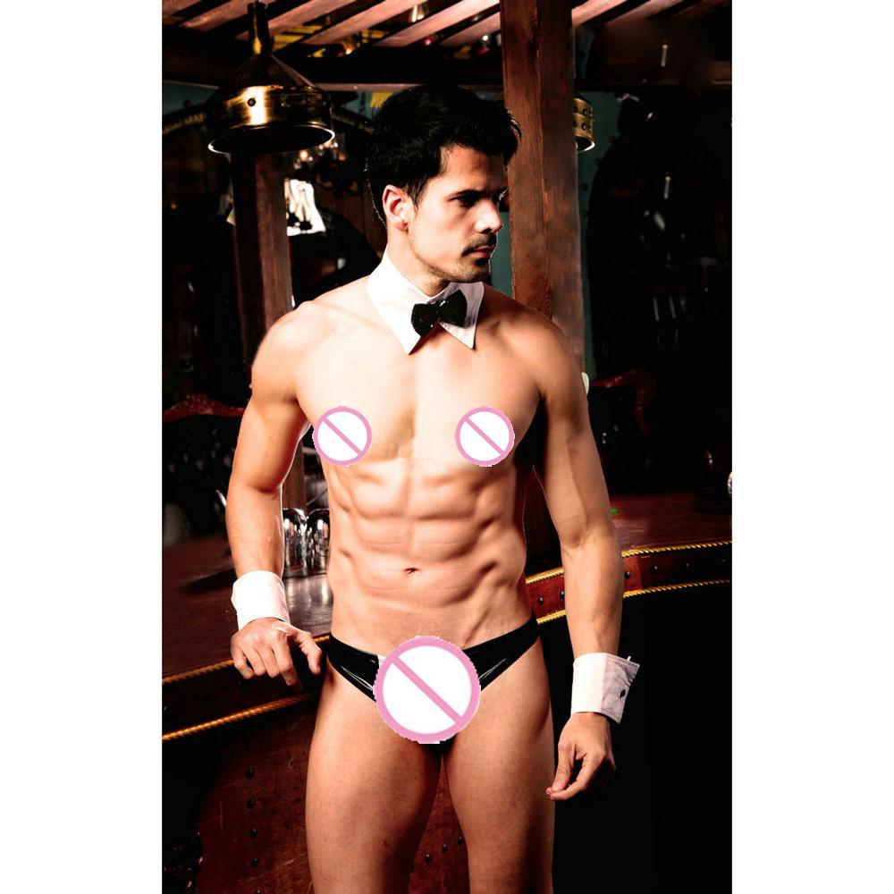 Sexy Men Mankini Thong Waiter Costume Cosplay Lingerie Bow Tie Underwear Set