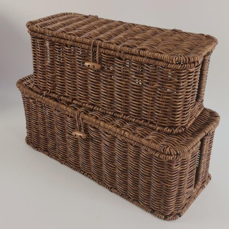 PE Woven Flipping Top Storage Basket With Realistic Rattan Look Household Bin For Kitchen Organization And Home Decors