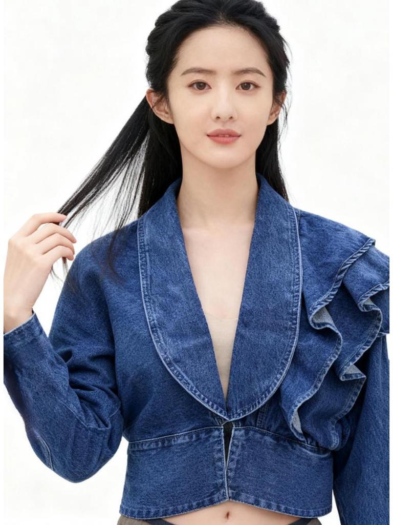 Korean-Style Ruffle Slim-Fit V-Neck Denim Jacket