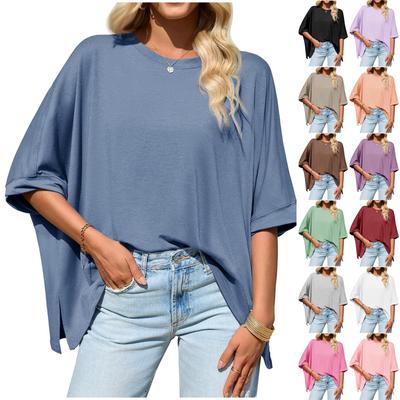 Women's Fashion Solid Color Round Neck Loose Short Sleeved Shirt With Slit Hem And Pullover T-shirt Top