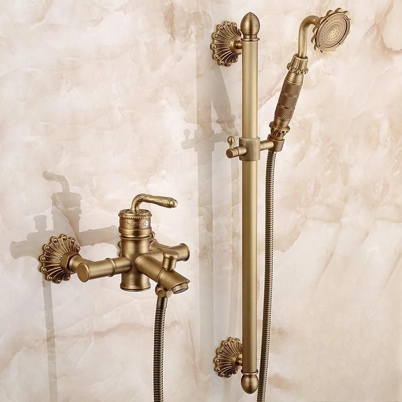Retro Bathroom Bathtub Faucet Wall Mounted Hand-operated Showerhead Antique Brass Simple Showerhead Set for Bathing