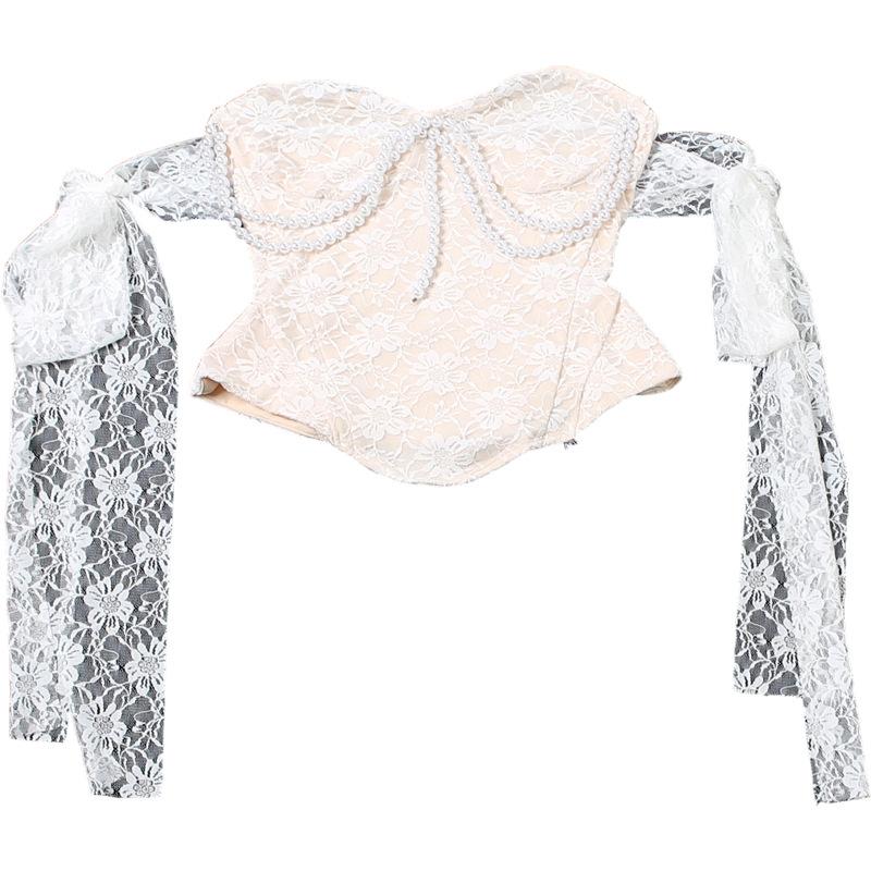 Vintage Lace Strapless Pearl Bustier Top & Asymmetrical Ruffle High Waist Skirt Set, Elegant Sexy Two-Piece Outfit for Women