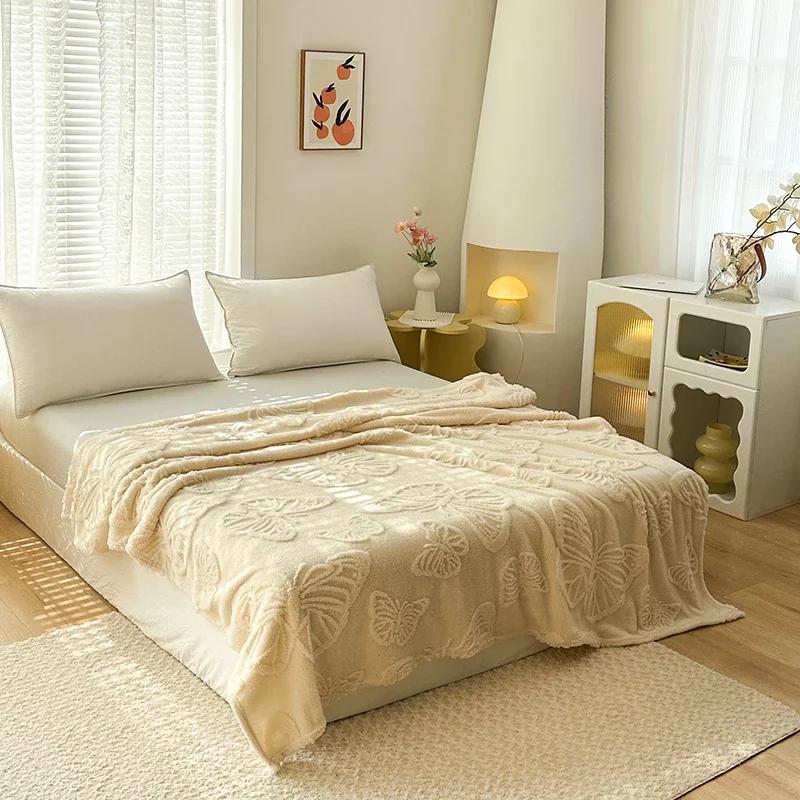 2024 New Solid Color Tafu Fleece Cut Flower Butterfly Blanket Single-layer Double-sided Fleece Fleece Office Cover Blanket