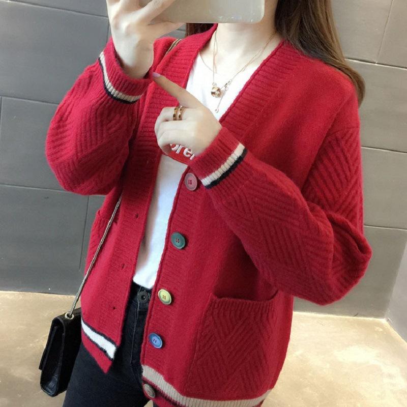 Color Button Knitted Cardigan for Women, Foreign Versatile and Contrasting Colors V-neck Large-size Sweater Cardigan for Women, Loose and Lazy Women
