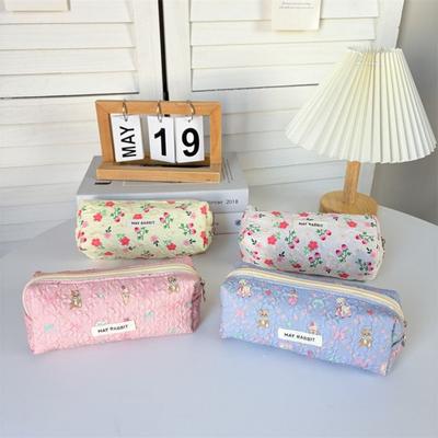 Bolsa para bolígrafos floral de gran capacidad con lazo simple, bolsas de maquillaje portátiles multifunción, bolsa de almacenamiento de papelería para viajes
