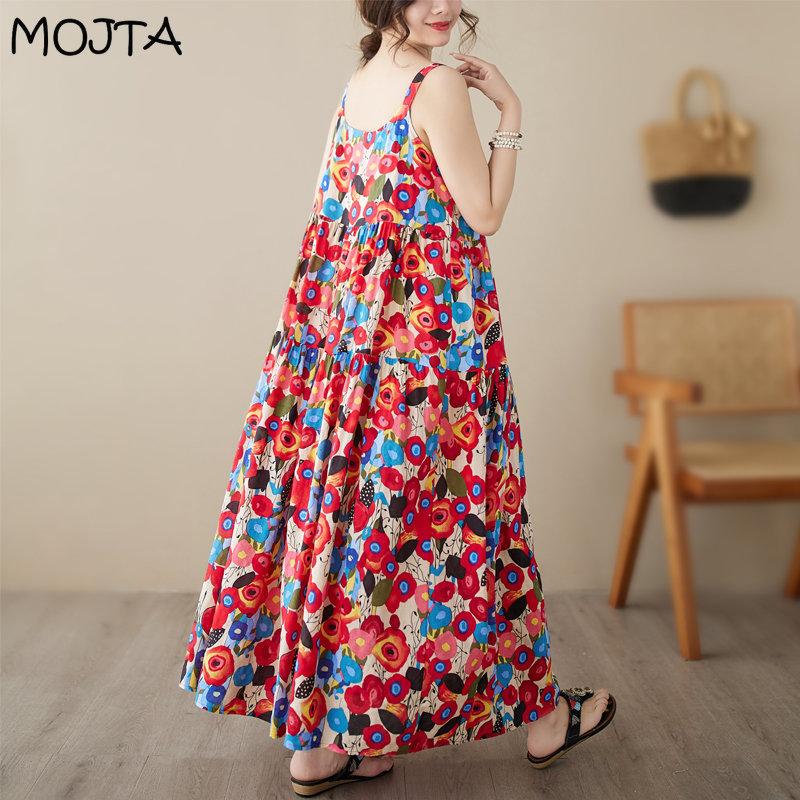 MOJTA Letnia Damska Sukienka z Okrągłym Dekoltem, Luźna, Długa Spódnica, Bawełniana, Haftowana, z Krótkim Rękawem