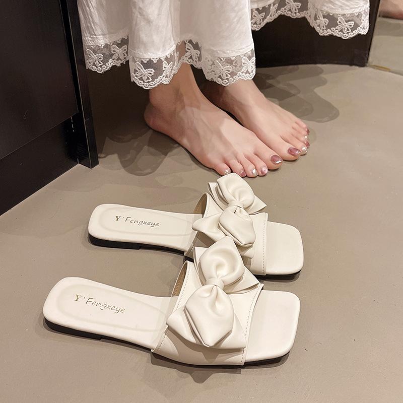 Sandale de damă cu toc gros, vârf pătrat, primăvară nou, fundă, un pedal, casual, papuci de exterior