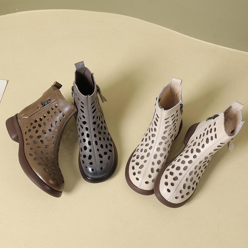 Fashion GKTINOO 2025 Summer Ankle Boots Genuine Leather Shoes Women Mid Heels Sandals Side Zip Boots Cutout Breathable Mujer Zapatos