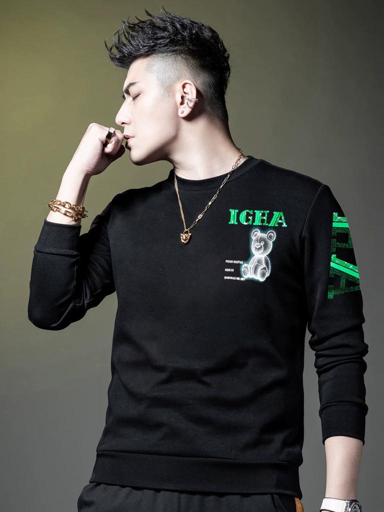 European Men's Long-Sleeve Crew Neck Sweatshirt 2025 Autumn New Bear Print Rhinestone Base Shirt Trendy Top