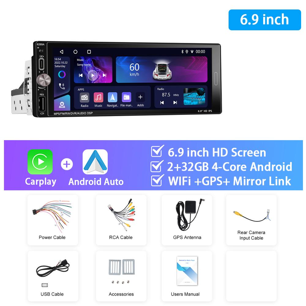 

Podofo 1Din 6.9 автомобильный радиоприемник 2+32G 4Core мультимедийный проигрыватель GPS навигация WIFI Carplay Android Auto FM/RDS Mirror Link автомобильная аудиосистема